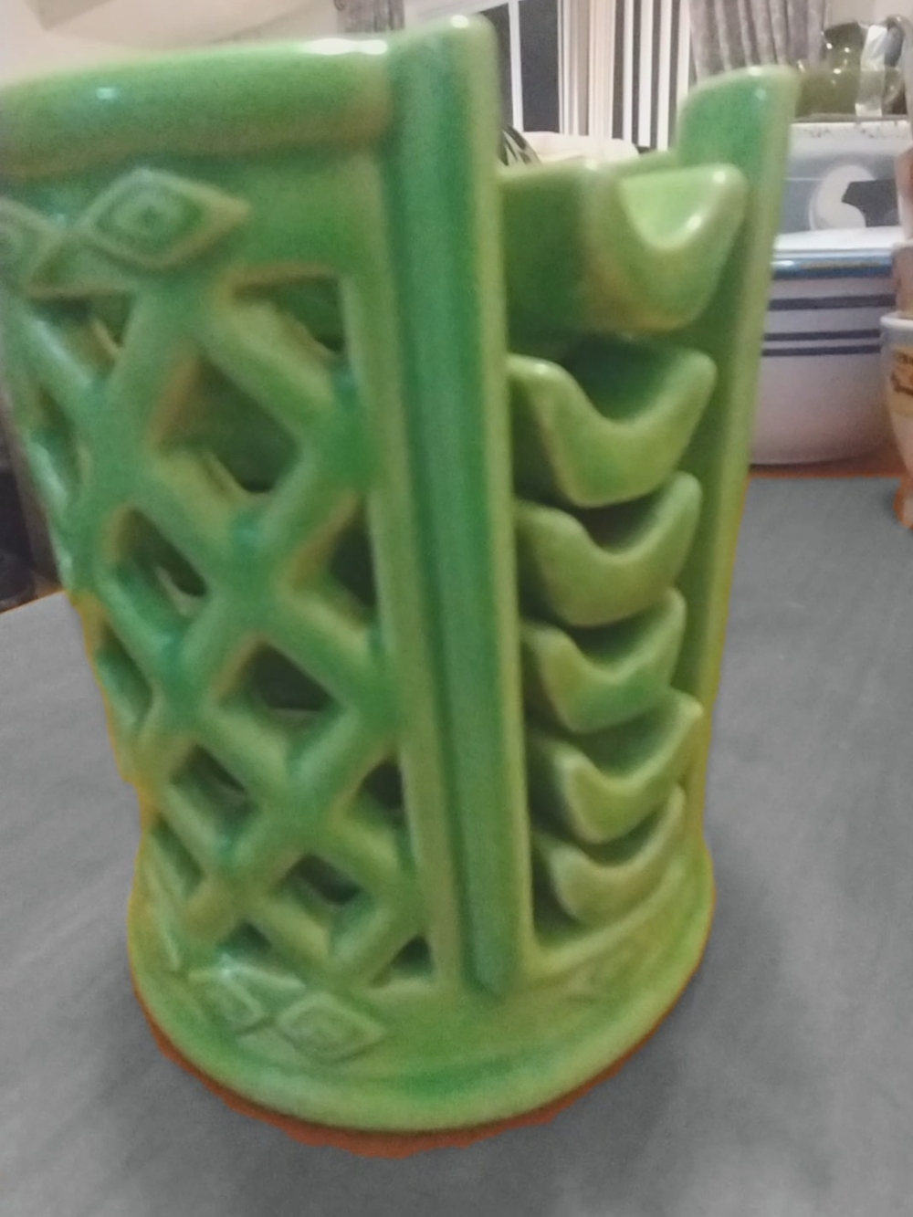 Green Ceramic Ramikin/Use Your Imagination with Lattice & Slot Design